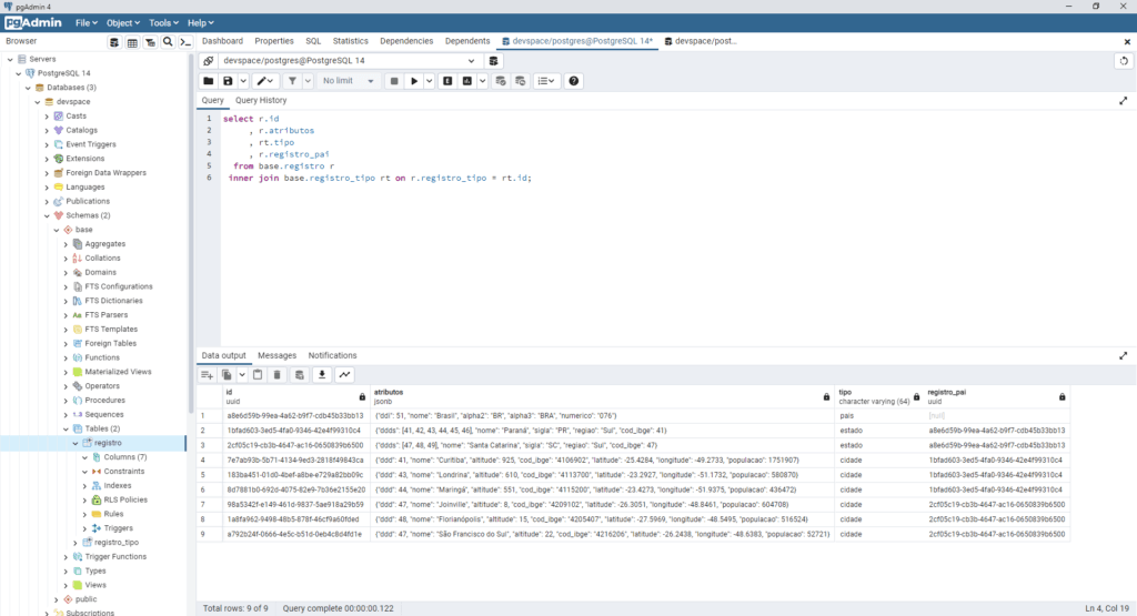 Verticalização de dados - Dados inseridos - DevSpace